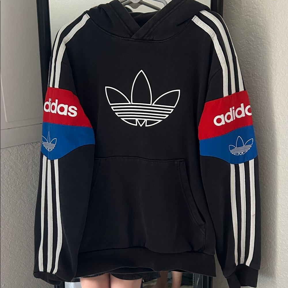 Adidas Black Hoodie with Red and Blue Stripes
